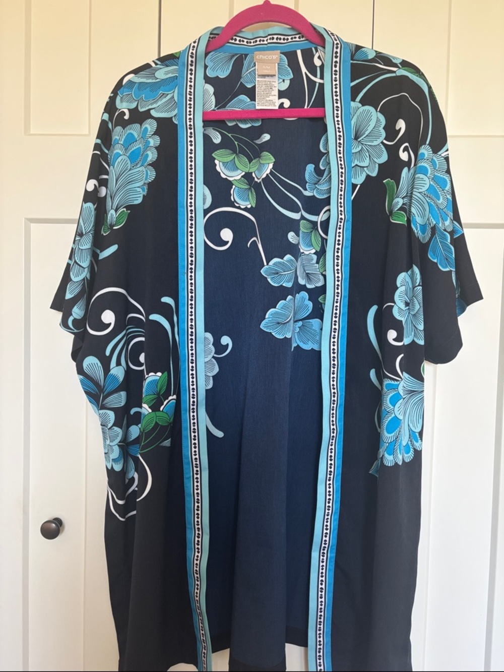 Chico's Black Floral Open-Front Kimono with Blue & Green Blooms